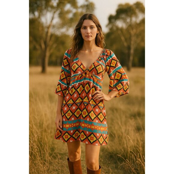 Boho Chic V-Neck Tribal Print Mini Dress With 3/4 Sleeves & Empire Waist - Picture 1 of 12